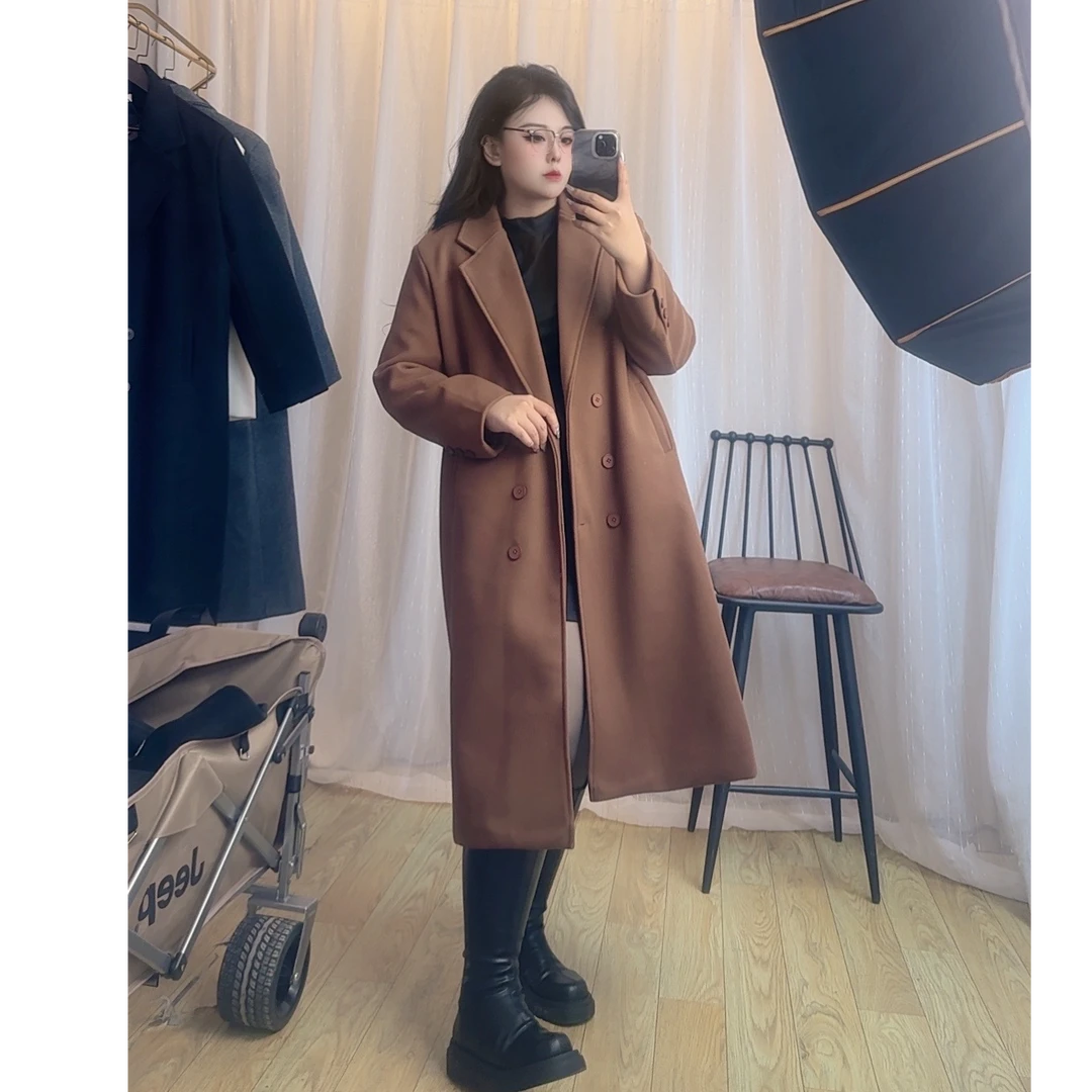 大码2024年款毛呢中长秋冬季气质显瘦垫肩过膝韩版简约风毛呢风衣