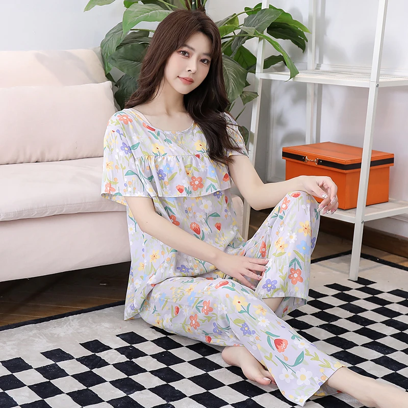 夏季新款棉绸睡衣女防凸点家居服套装短袖薄款两件套休闲妈妈装