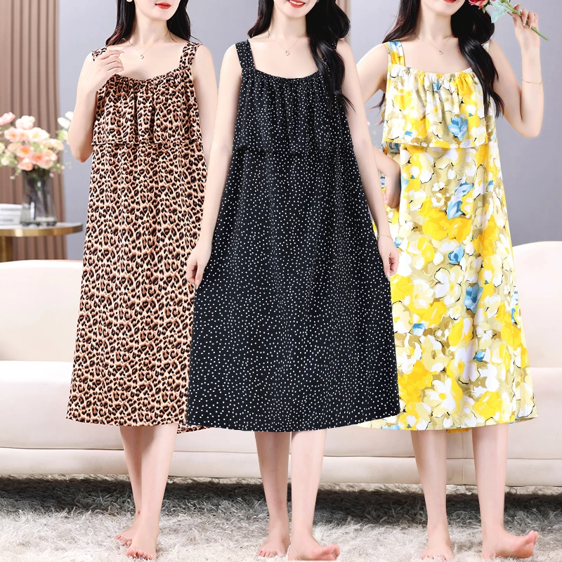 夏季新款连衣裙吊带裙子睡衣女夏天棉绸睡裙家居服宽松印花薄款