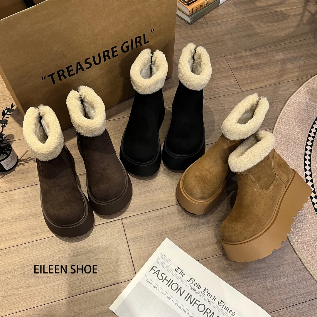 AQ-厚底增高雪地靴女2024冬季新款显瘦百搭后拉链小个子短靴棉鞋