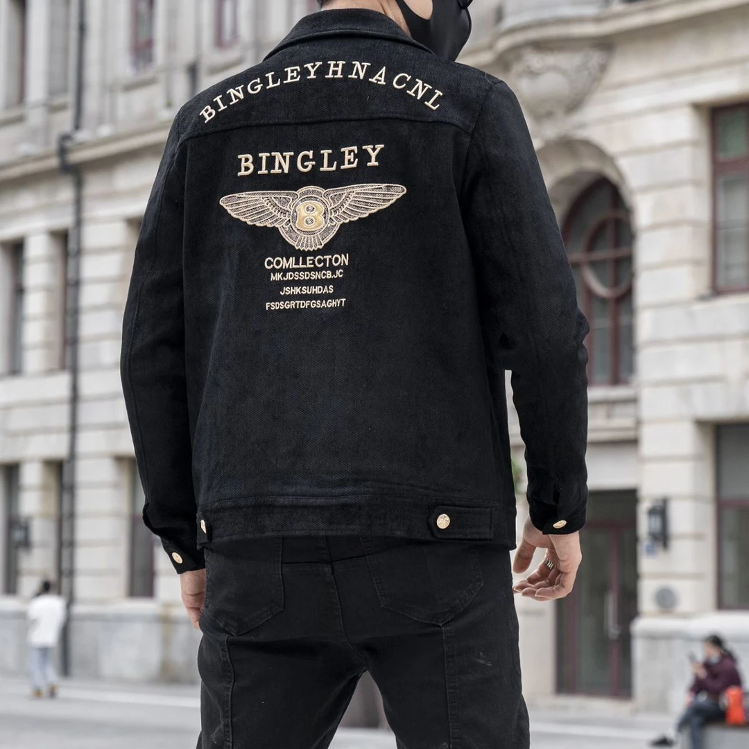 欧洲站翻领修身夹克秋冬男士轻奢亮片字母刺绣短款外套青年上衣