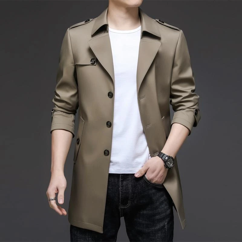 2024潮牌黑色中长款风衣外套男士秋季英伦风商务休闲大腰带夹克