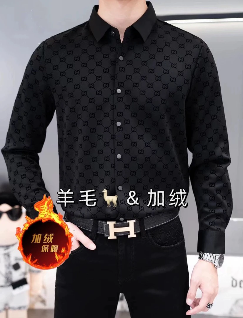 新款男士加绒冬季高端欧货无痕免熨高弹力数码植绒长袖衬衫23-580