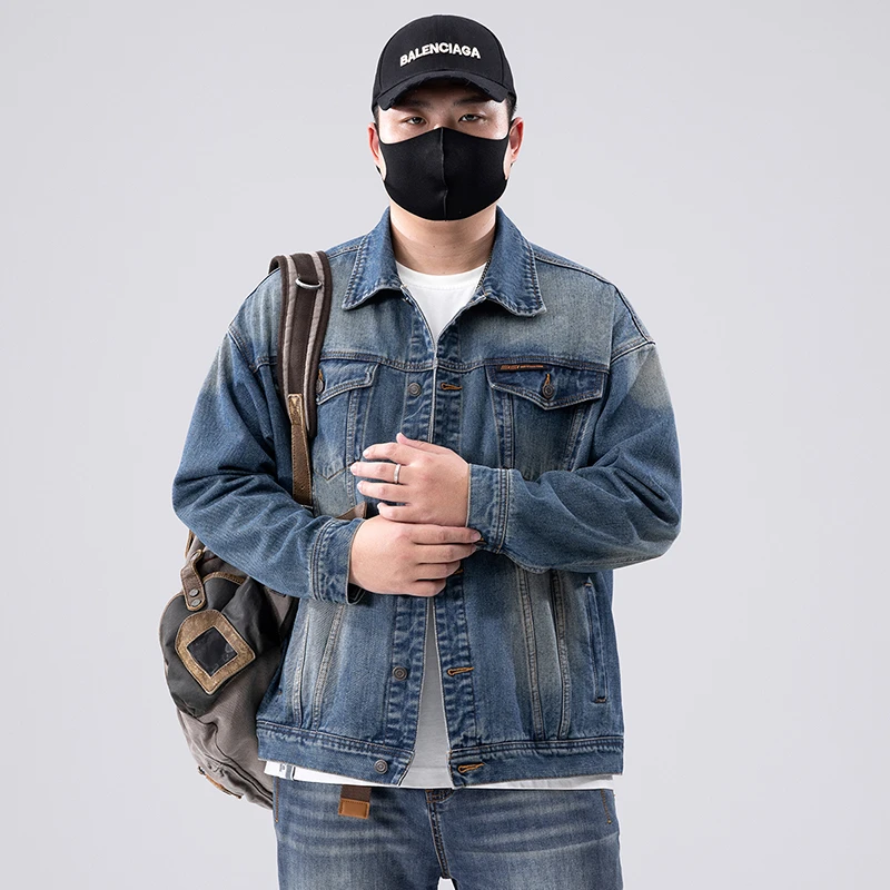 春秋牛仔外套男男士宽松复古夹克加肥加胖子大码男装百搭翻领8312