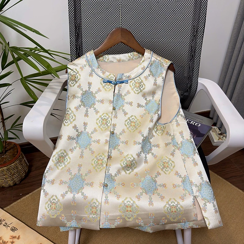 【敦煌花镜】新中式人丝仿宋锦马夹宝相花洋气减龄气质百搭宽松显瘦