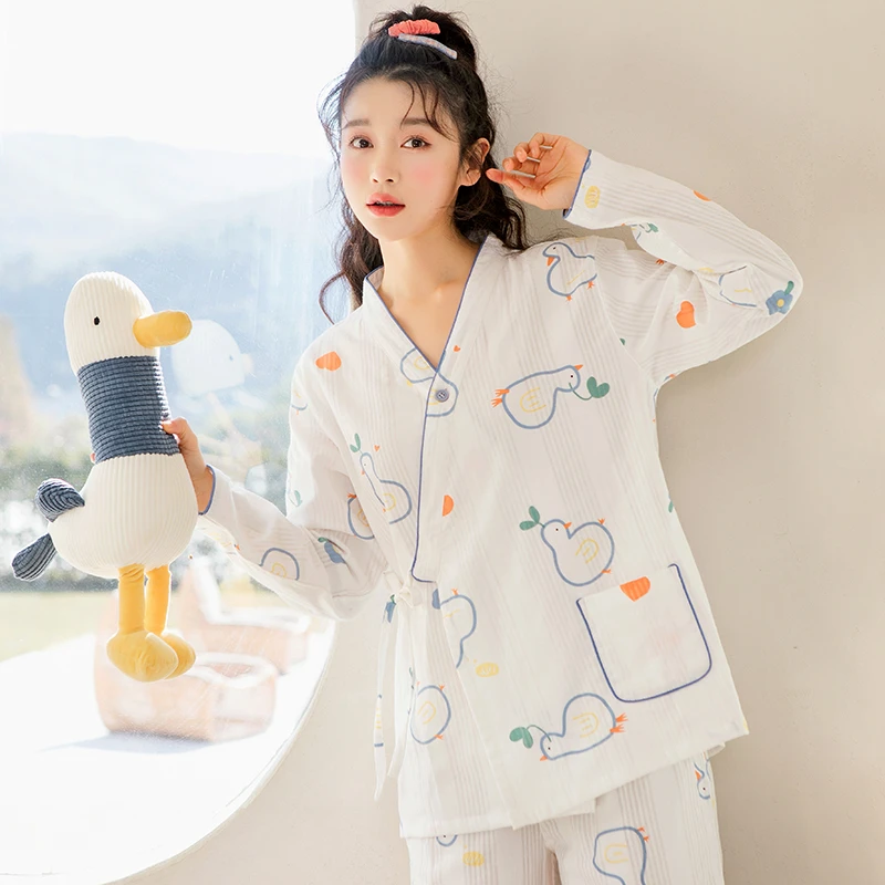 家时光月子服夏薄长袖哺乳服纯棉100%全棉孕产妇睡衣系带和服1143