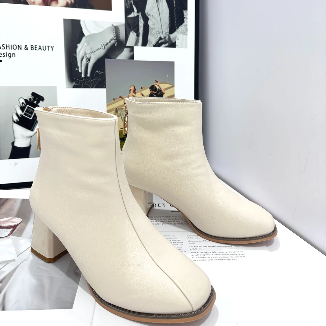 新款方头粗跟舒适不累脚百搭款系带休闲鞋瘦瘦靴21404