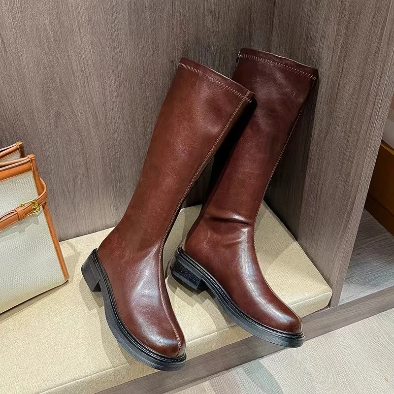 新款方头粗跟舒适厚底不累脚百搭款长款女靴D-773