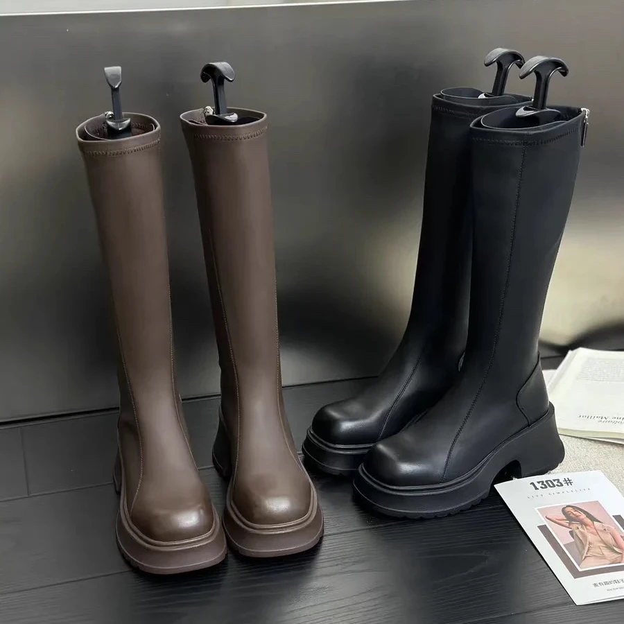 新款方头粗跟舒适厚底不累脚百搭款长款女靴3110