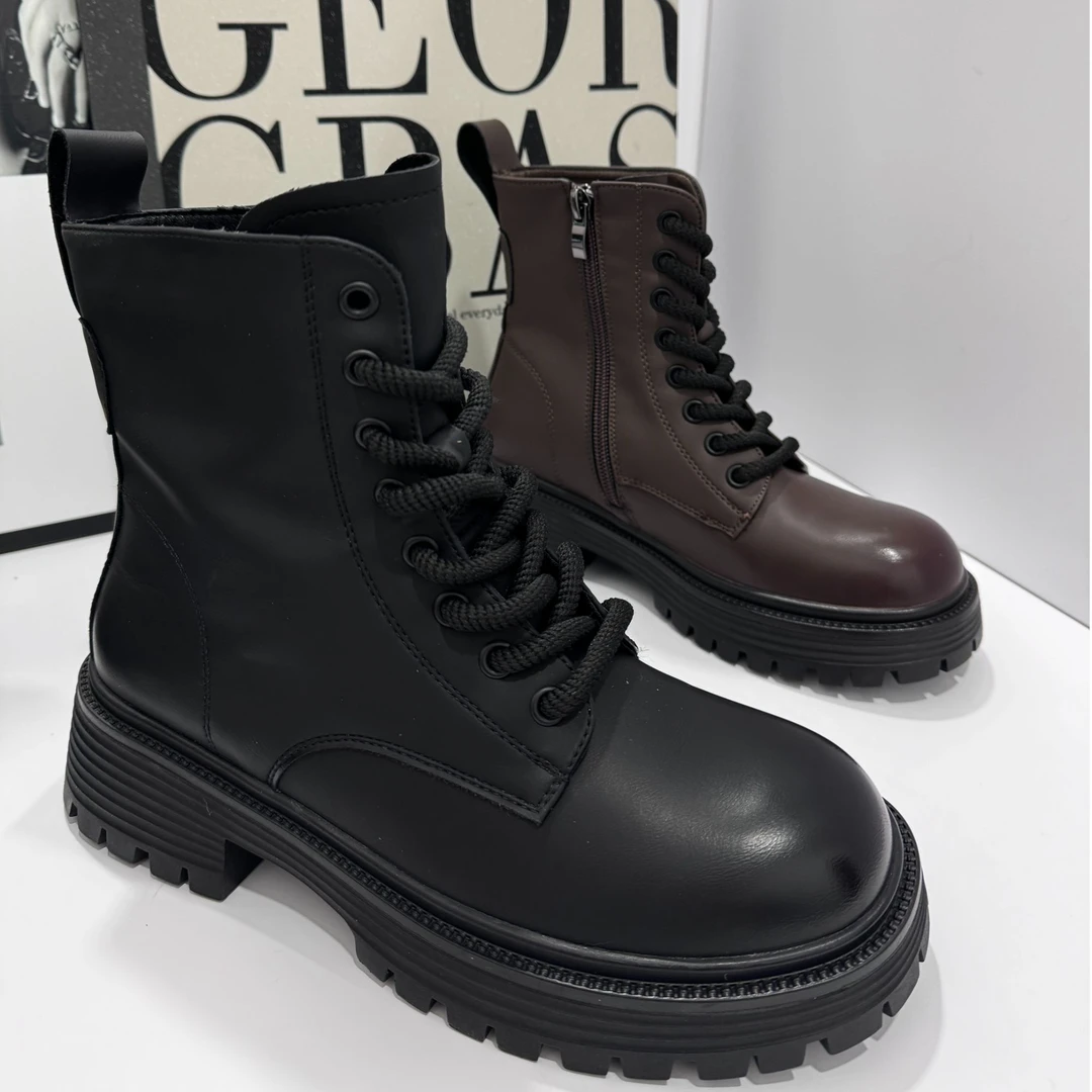 新款圆头平底舒适不累脚百搭款系带休闲鞋马丁靴980-23