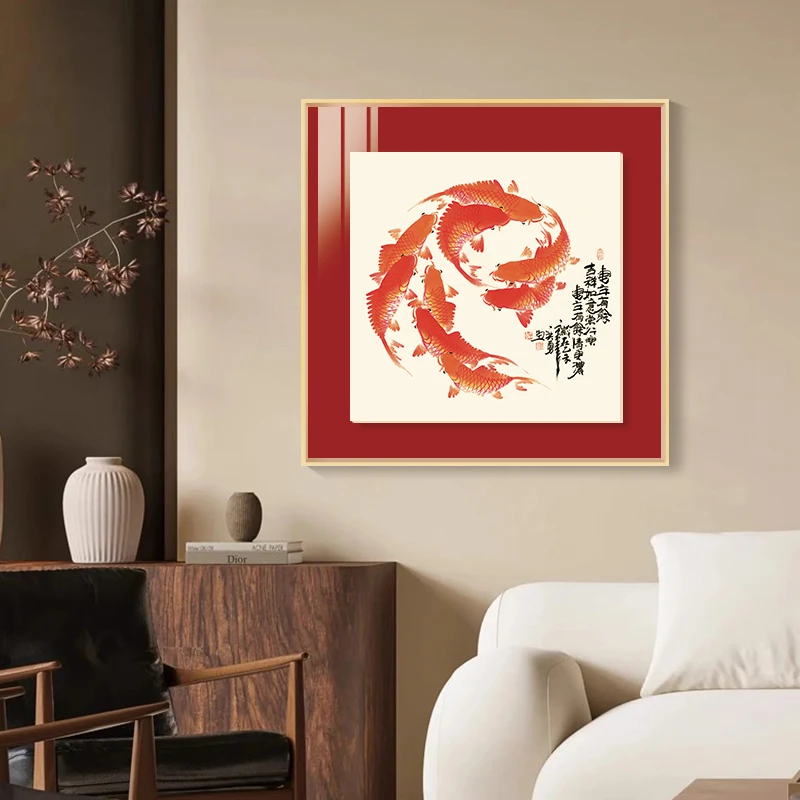 新中式玄关莲年有余挂画客厅墙画九鱼图锦鲤国画铝合金立体装裱画