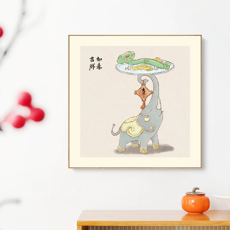 新中式多子多福挂画玄关客厅书房装饰画走廊大象墙壁吉祥如意挂画