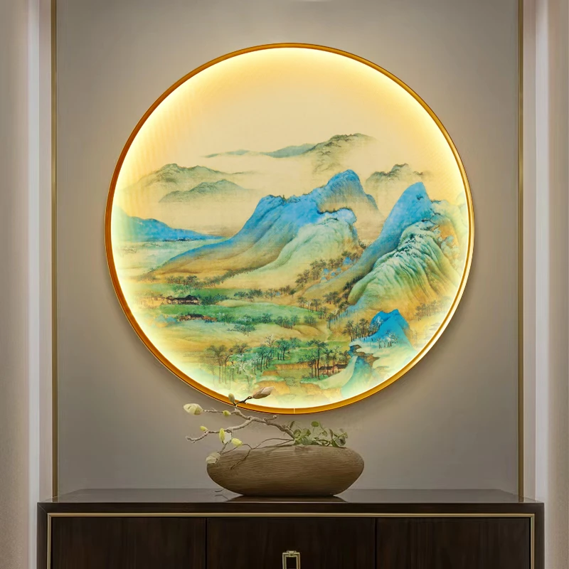 新中式入户玄关挂画客厅背景山水装饰画千里江山图圆形发光带灯画