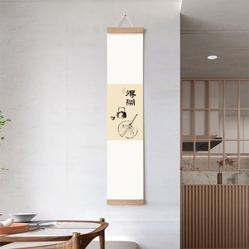 新中式实木卷轴玄关书法字画挂画茶室得闲手工长幅装饰画禅意画
