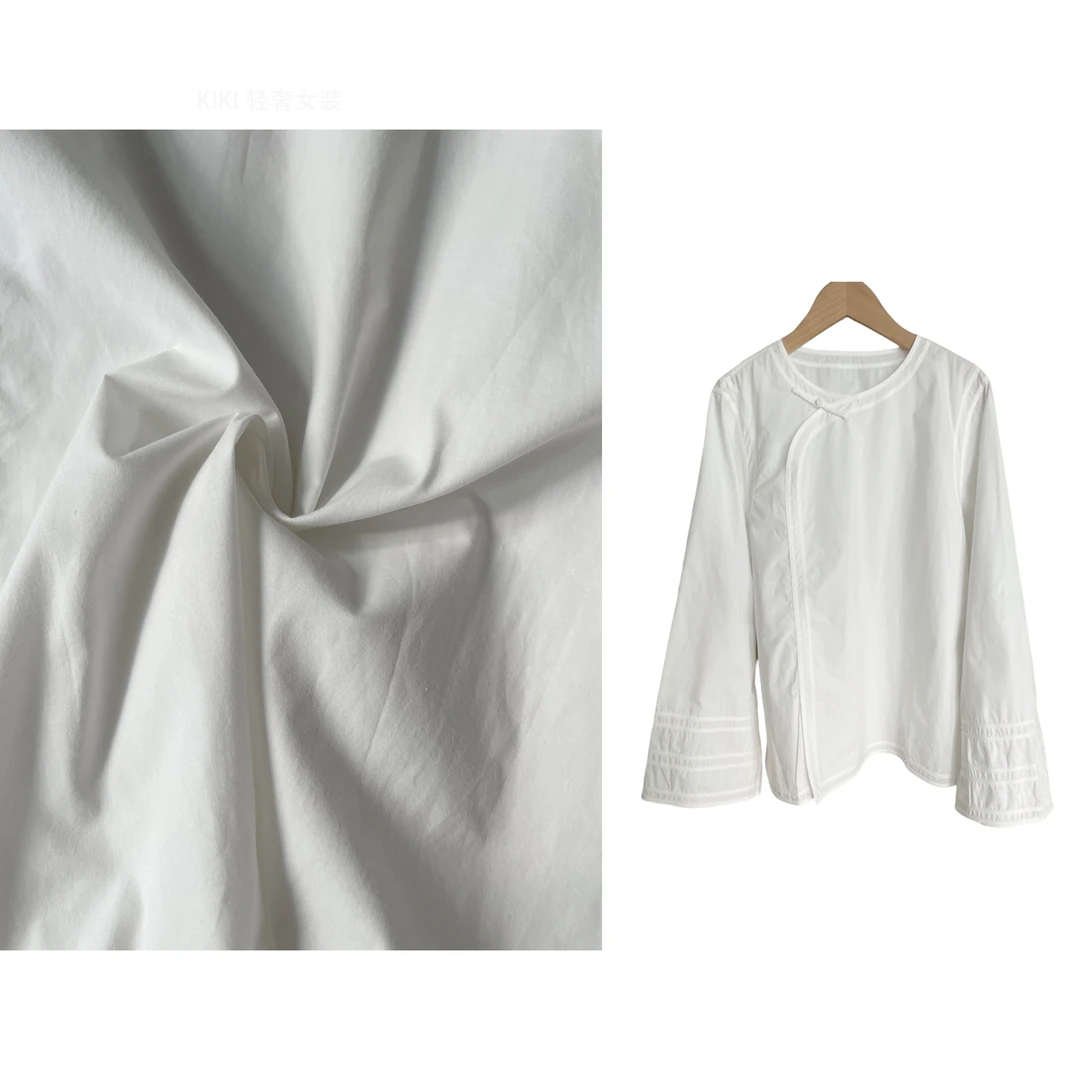 肼口匹马棉国风夏季白色长袖衬衫长绒棉上衣新中式斜襟纯棉衬衣女