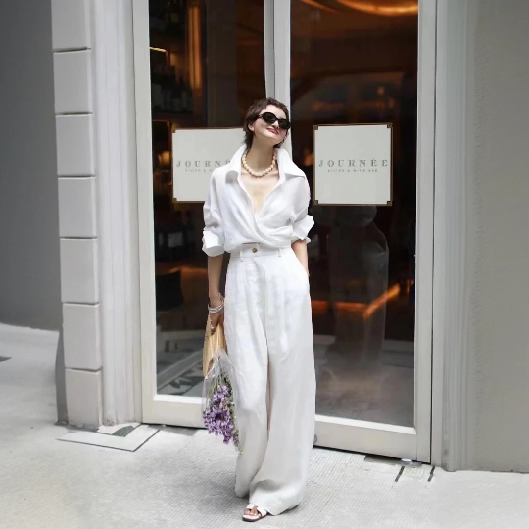 重磅酵洗100%纯休闲老钱风洋气阔腿裤子气质摩登简约女夏季