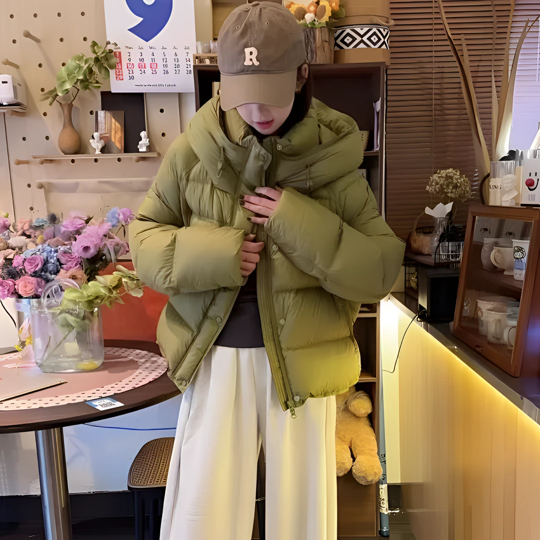 韩熙蓓2024冬季新款韩版宽松加厚连帽保暖羽绒服女短款鸭绒面包服