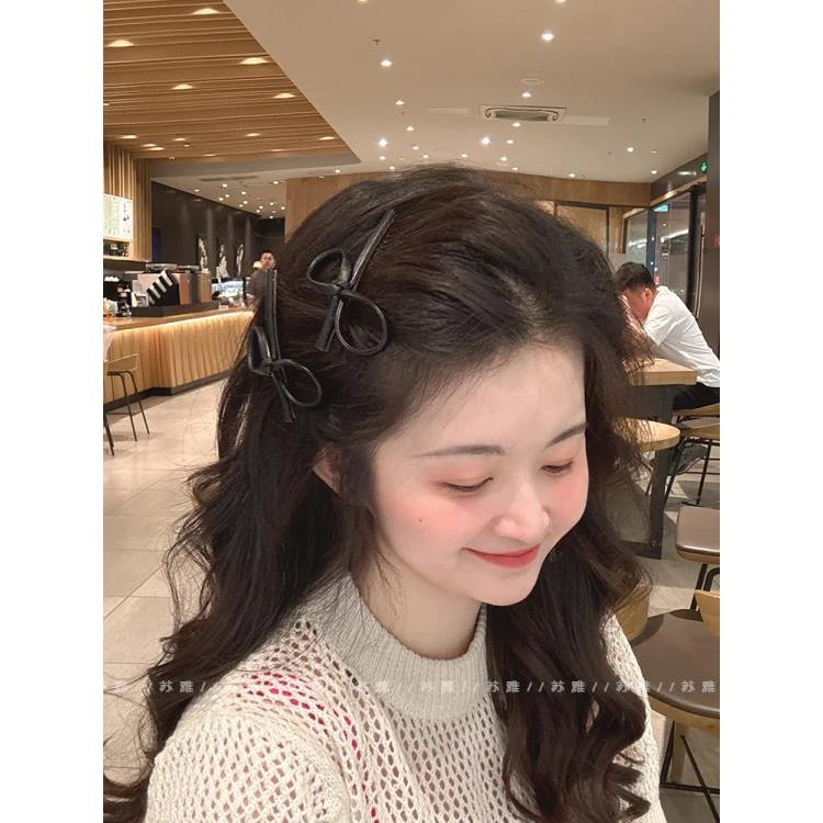 黑色皮质蝴蝶结一字夹鸭嘴夹2025新款发夹发卡前额侧边夹子碎发卡