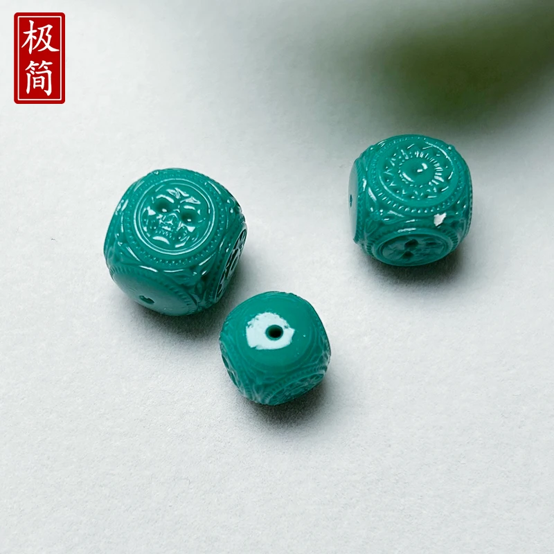 高瓷玉化绿料【科技松】六方刺骨雕刻单珠文玩108手串配饰顶珠单颗