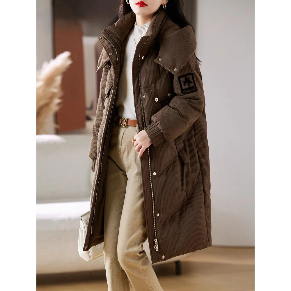 2023新款时尚加厚中长款连帽羽绒服鸭绒保暖韩版宽松百搭外套6056