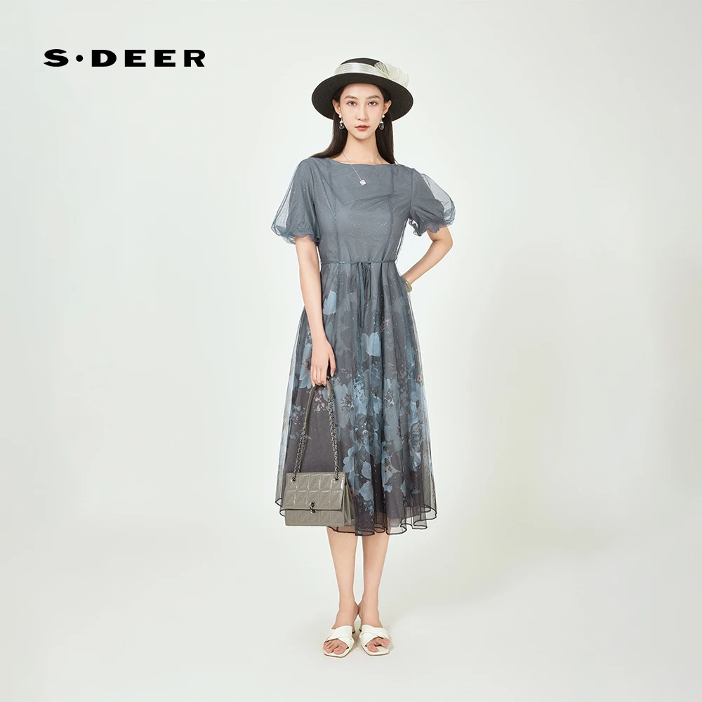 【粉丝专享】圣迪奥优雅设计感网纱碎花气质时尚连衣裙S242Z12N5