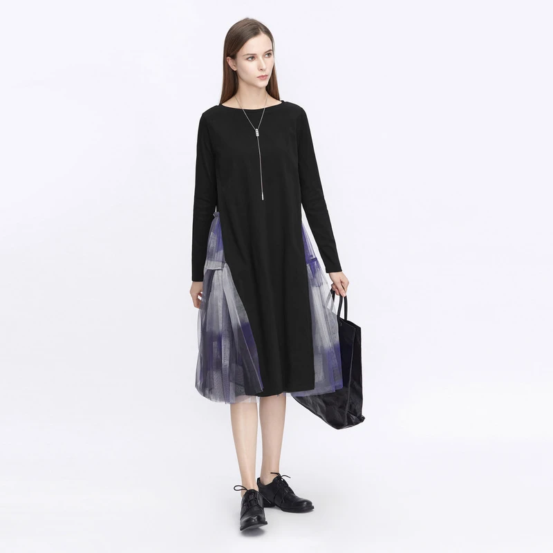 【亚美专属】圣迪奥圆领网纱拼接渐变长袖连衣裙S21181212