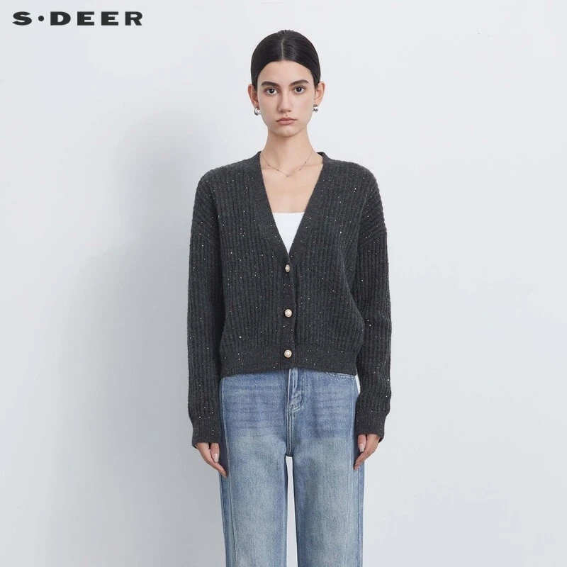 S·DEER圣迪奥时尚休闲秋冬罗纹百搭V领撞色宽松开衫针织衫