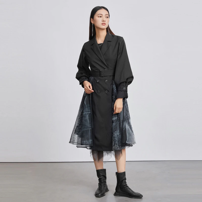 【薇生活专属】圣迪奥时尚收腰印花气质休闲长款风衣S223Z1837