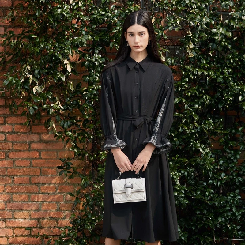 【亚美专属】圣迪奥法式复古印花网纱收腰衬衫连衣裙S24161205