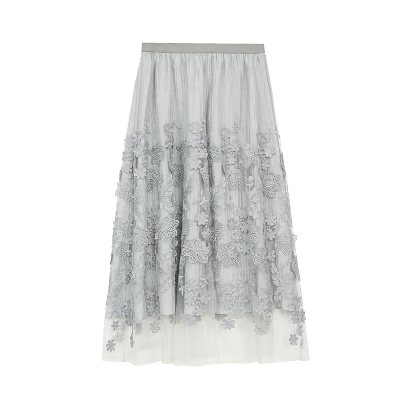 【唐长老专属】圣迪奥松紧褶皱绣花网纱百搭优雅半身裙S222Z11B2