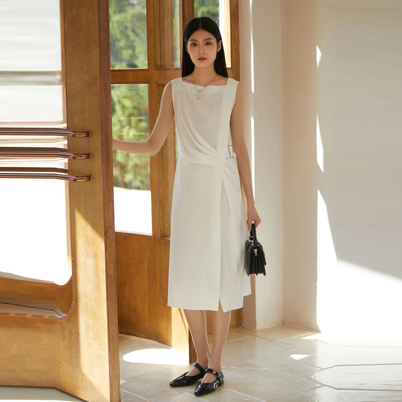 【粉丝专享】圣迪奥OL风优雅圆领收腰无袖连衣裙S223Z120L