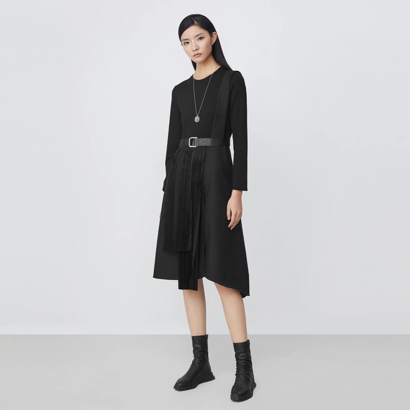 【品牌专柜专属】sdeer通勤圆领收腰抽褶不规则连衣裙S21481225