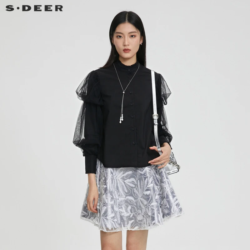 【薇生活专属】圣迪奥时尚气质显瘦木耳边网纱宽松小众设计感衬衫