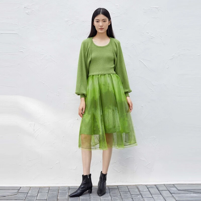 【粉丝专享】圣迪奥女装时尚百搭气质网纱针织显瘦连衣裙S23381402