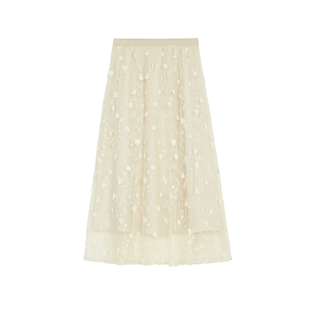 S·DEER圣迪奥女装蕾丝气质高腰印花时尚休闲百搭优雅中长款半身裙