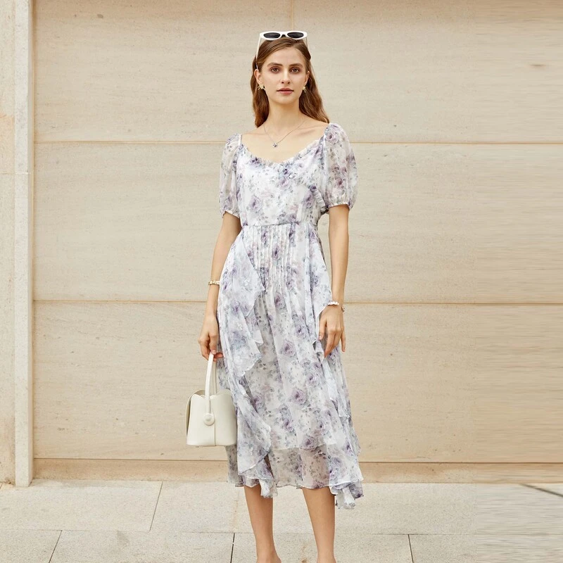 【小云总专属】SDEER方领木耳边碎花泡泡袖连衣裙S232Z12BG