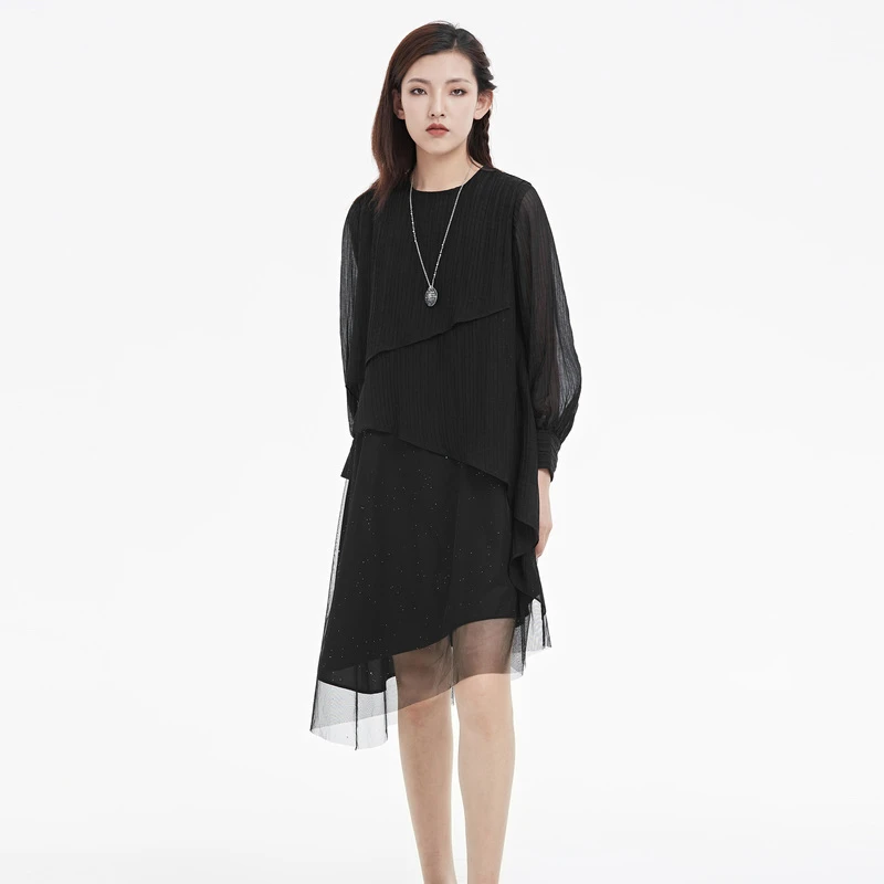 S·DEER圣迪奥夏季收腰显瘦时尚针织拼接不规则圆领长袖女装百搭