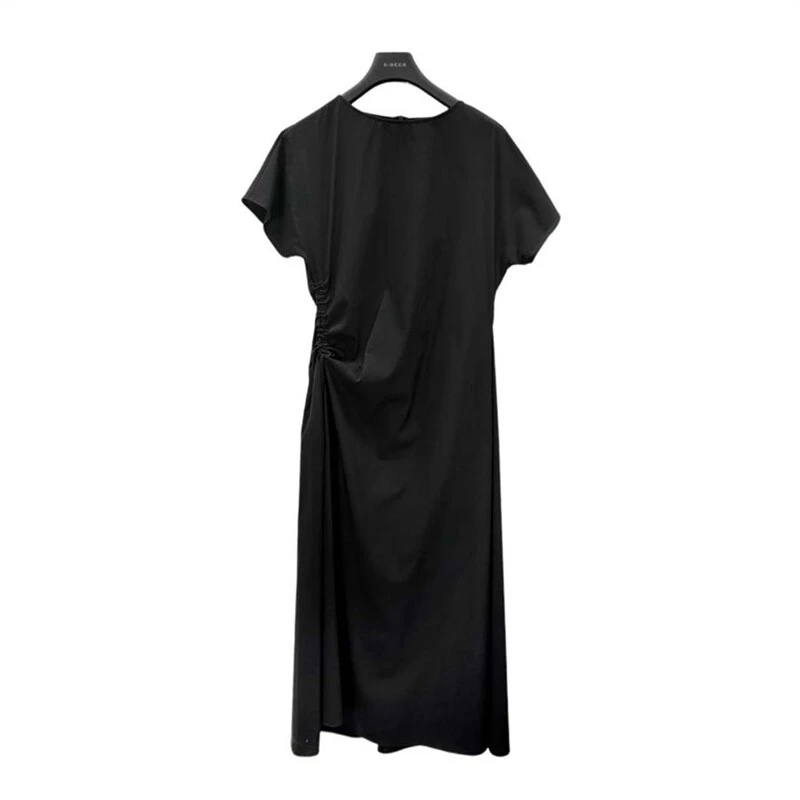 S·DEER圣迪奥女装圆领抽褶不规则短袖收腰裙子轻奢长裙时尚连衣裙