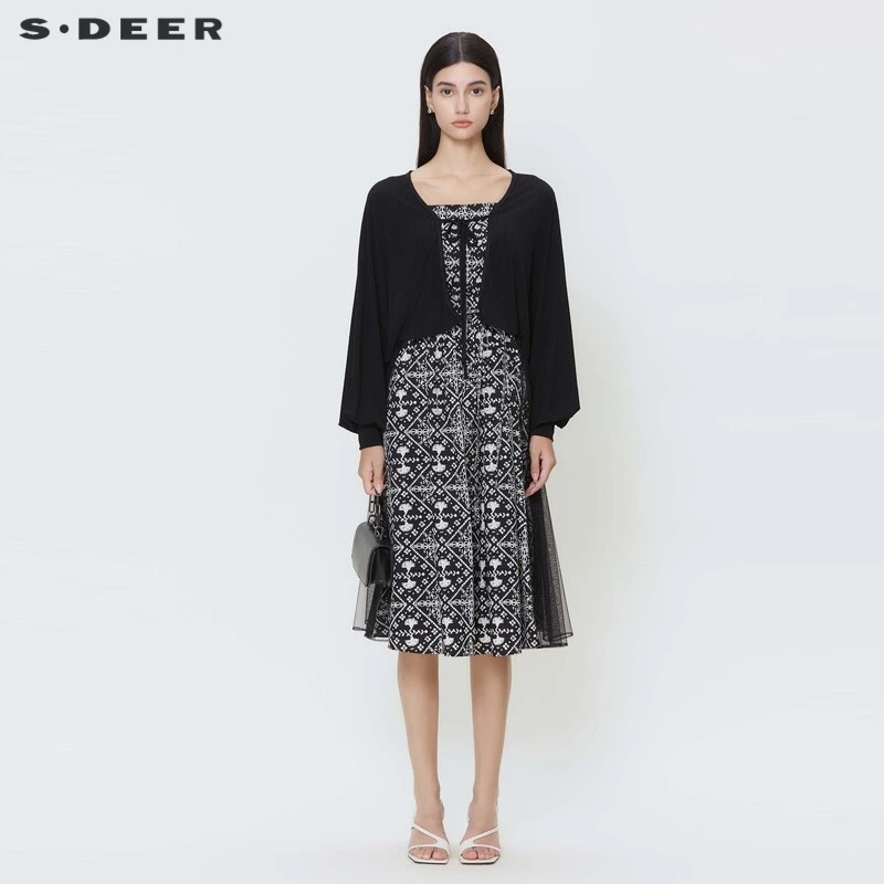 【大叔专属】sdeer碎花网纱针织衫吊带裙套装S242Z1406