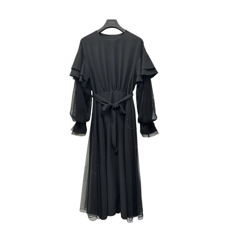 【粉丝专享】圣迪奥网纱雪纺荷叶边优雅长裙显瘦连衣裙S233Z12G6
