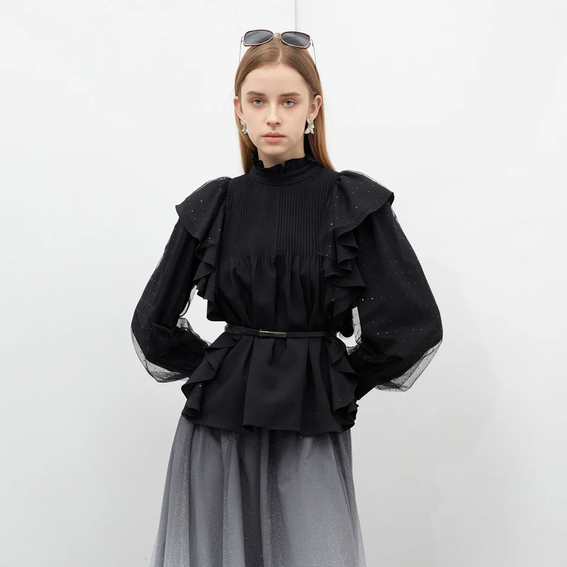 【粉丝专享】圣迪奥拼接荷叶边洋气衣服女小众衬衫S231Z0527