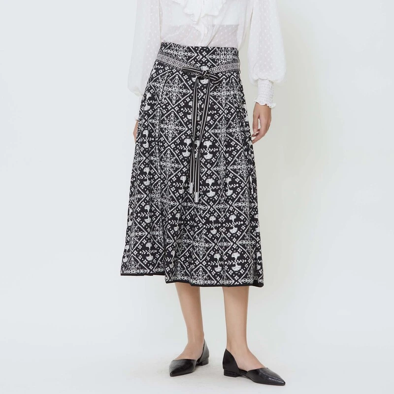 【莉莉专属】圣迪奥休闲文艺复古系带撞色印花A字伞裙S242Z1112