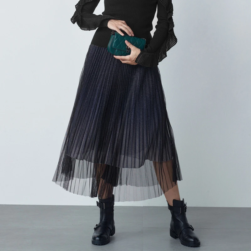 【李易行】圣迪奥中长款渐变百褶网纱不规则长裙S221Z1101