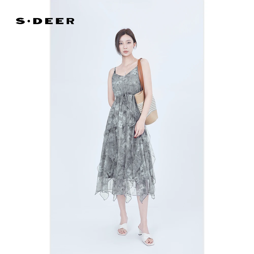 S·DEER圣迪奥气质网纱印花清新风格收腰裙子碎花显瘦小众吊带裙