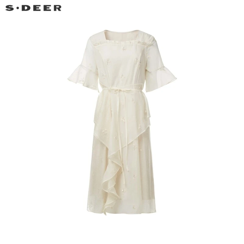 S·DEER圣迪奥女装气质白色轻奢法式收腰优雅长裙显瘦时尚连衣裙