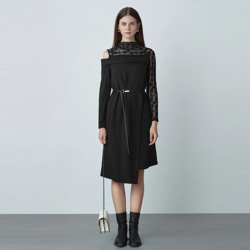 【丽公主】圣迪奥气质露肩收腰长袖连衣裙拼接S221Z1274