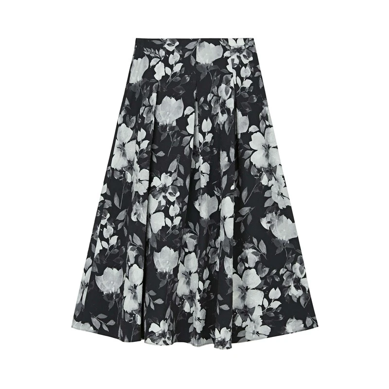 【粉丝专享】sdeer圣迪奥文艺风高腰水墨百褶A字伞裙S24161103