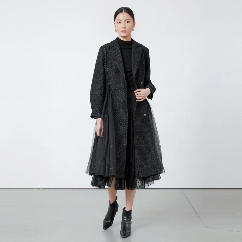 【李易行】圣迪奥西装领肌理收腰网纱毛呢大衣S223Z1862