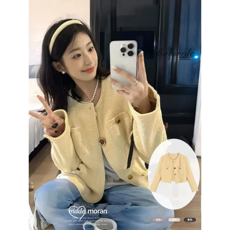 法式黄色香风短款外套2025小个子秋款高级新款气质名媛上衣