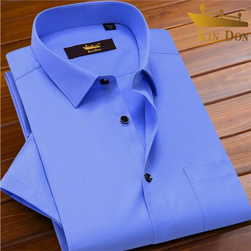 金盾男士休闲商务工作衬衫短袖纯色夏季薄款半袖衬衣宽松蓝色上衣